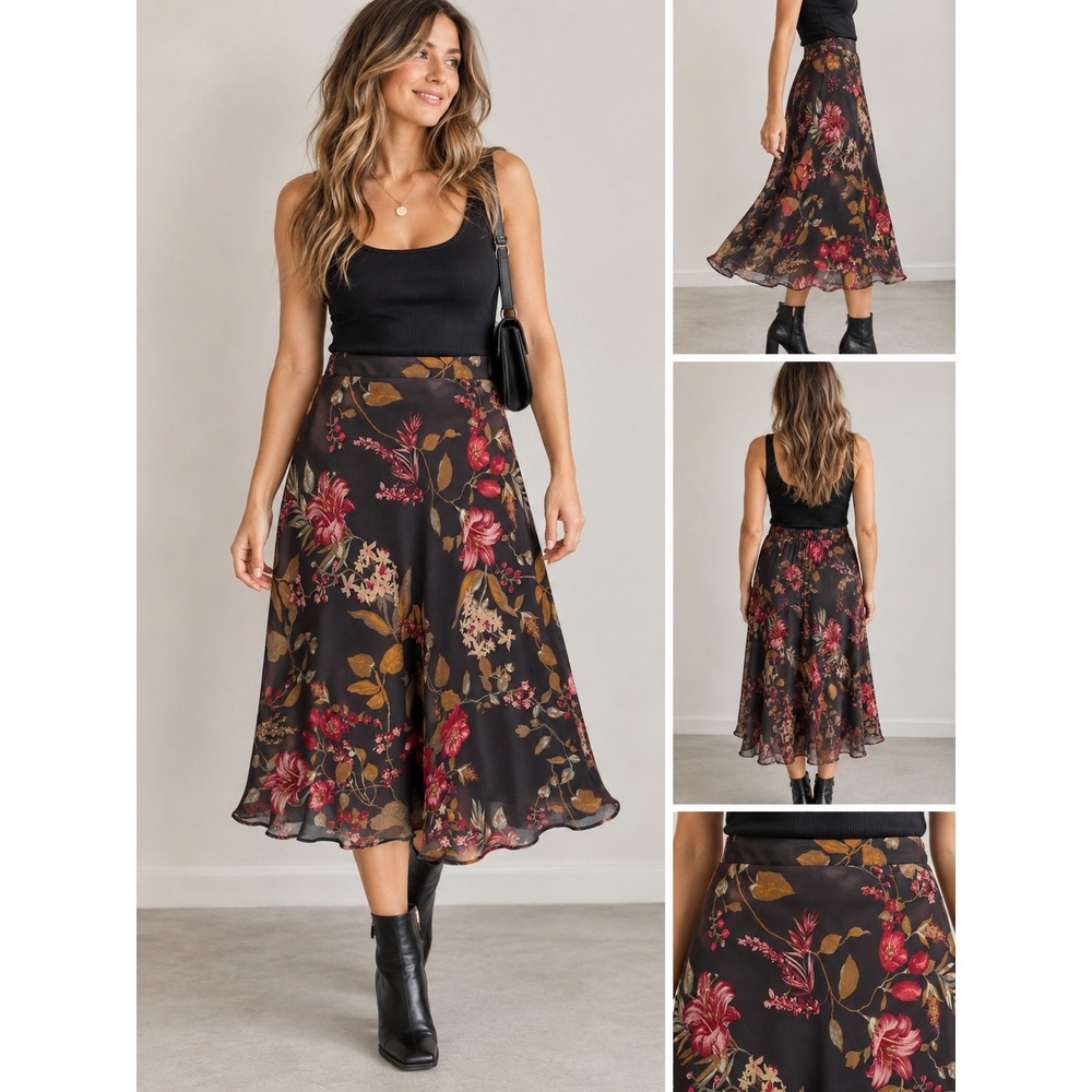 Westport 1962 Floral Chiffon Midi Skirt L Brown Burgundy Boho Y2K Romantic